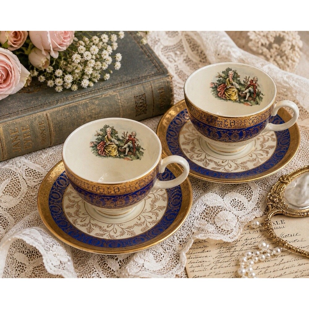 Pair of Vintage Bromley  Demitasse Cup and Saucer Set  Cobalt Blue Warranted 22k